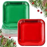 JarThenaAMCS 100Pcs Christmas Red Green Square Paper Plates 9 Inch Metallic Foil Plates Merry Christmas Disposable Plates for Xmas Winter Party Tableware Supplies