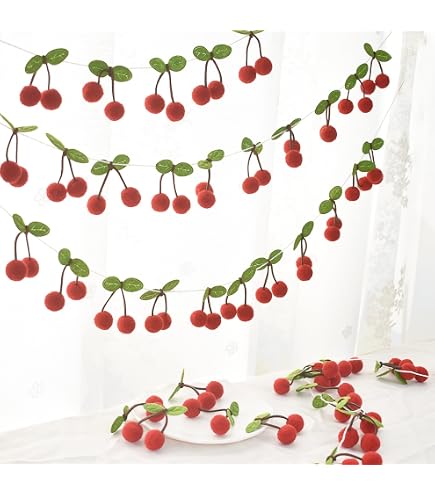 Guirlande De Cerises En Feutre - Décoration Fête Prénatale, Anniversaire, Mariage, Chambre Enfant, 230 Cm, Couleurs Assorties - 9