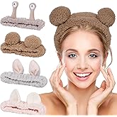 YISSION 4PCS Spa Headband cat/bear/Snail/Bunny Ears Head Band for Face Wash Makeup Skincare Facial Headband Elastic Hair Band Microfiber Headbands for Women Girls