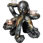 Ebros Rustic Antiqued Silver Bronze Finish Deep Ocean Octopus Candle Holder Statue 12.5" H Kraken Sea Monster Candleholder Decorative Sculpture Made of Resin