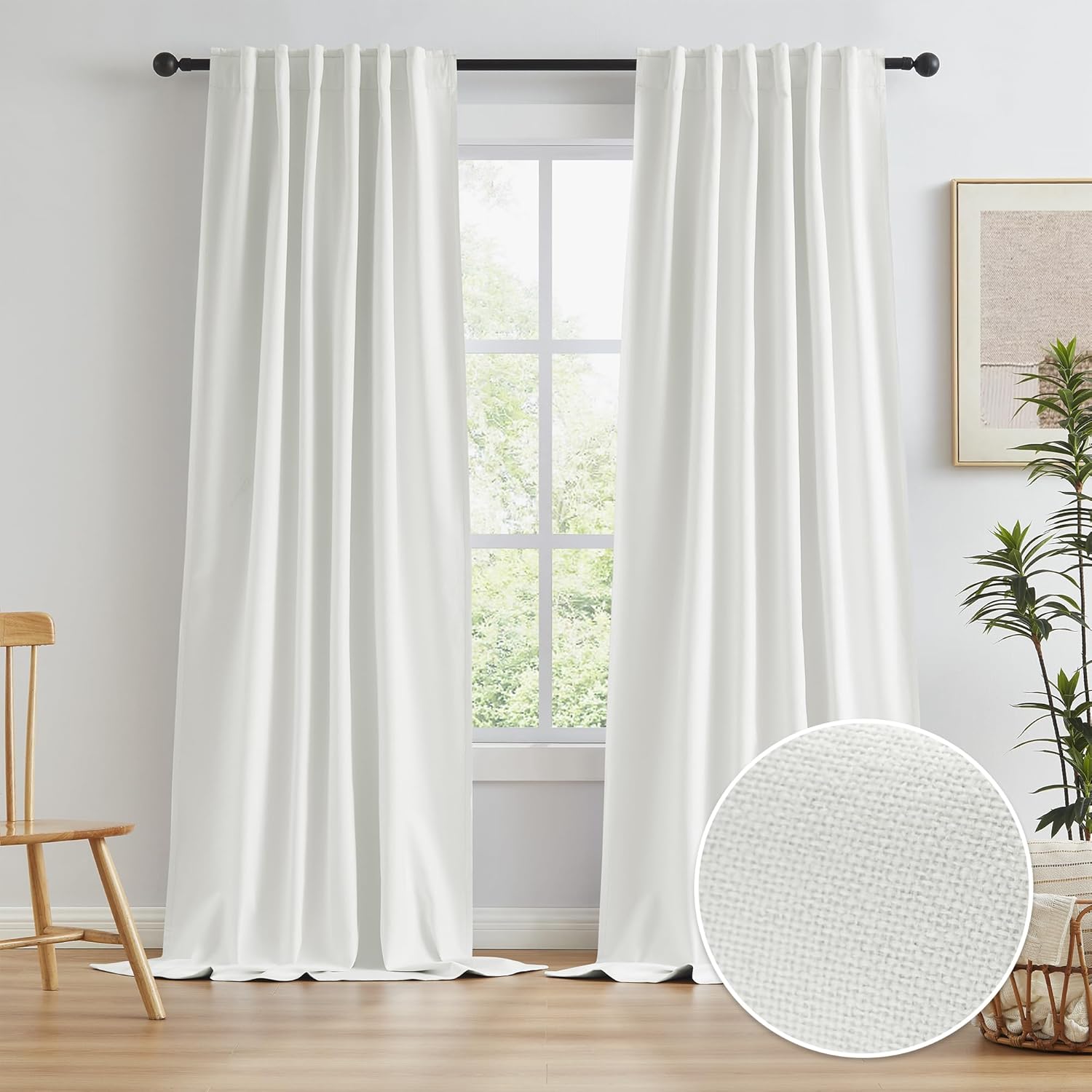 Window Treatments - KEQIAOSUOCAI Blackout Natural Curtains 108 Inch Length, Modern Farmhouse Linen Textured Curtains Back Tab, Pleated Panels for Living Room Track System (50x108, 2 Pcs, Birch/Ivory/Cream Color)