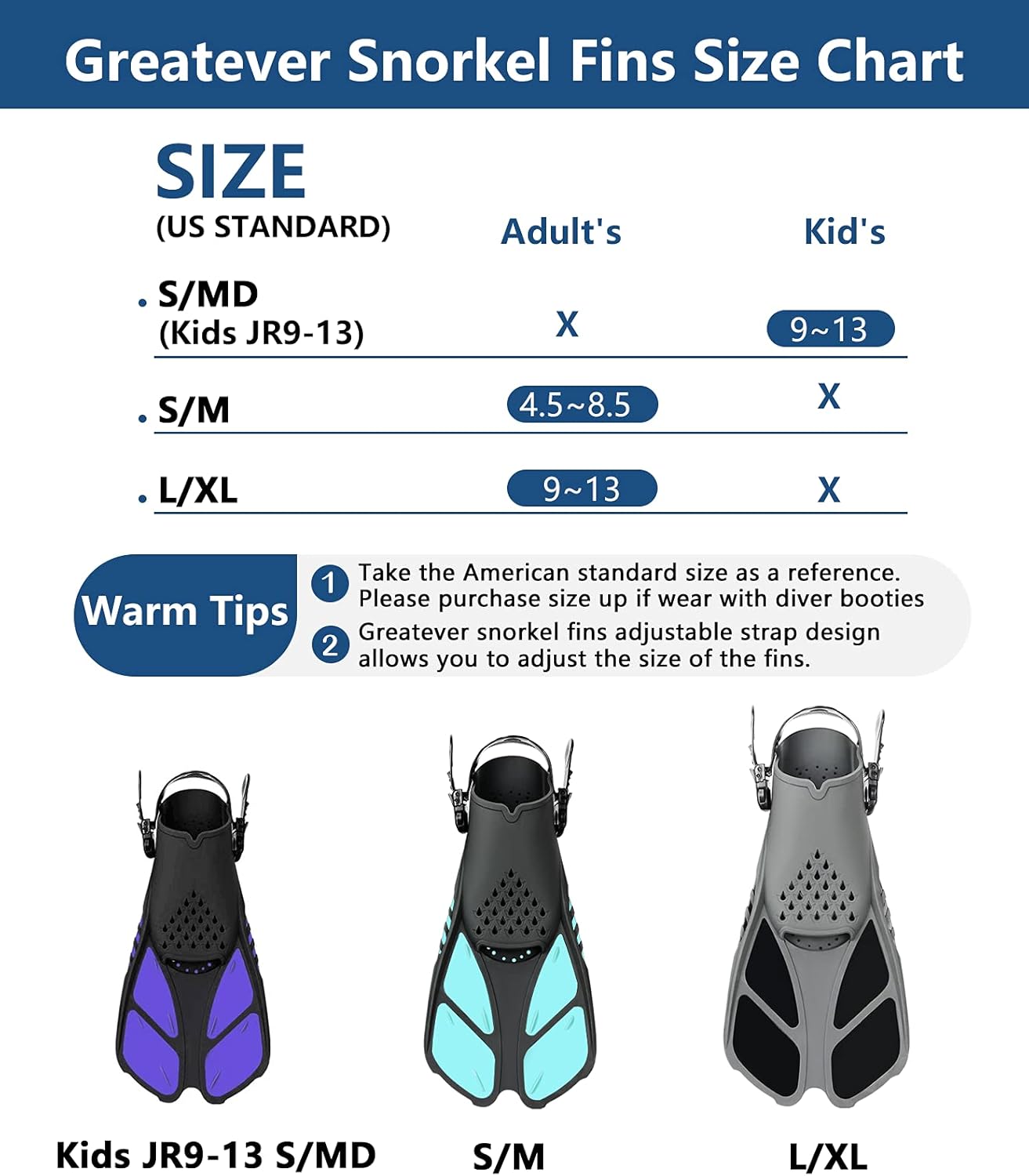 Greatever Snorkel Fins Adjustable Buckles Open Heel Swim Flippers Travel Size Short Swim Fins for Snorkeling Diving Swimming Adult Men Womens : Sports & Outdoors