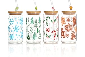 Ronasip Christmas Cups, 17 oz Cute Xmas Cup with Lids and Straws 4 Pack, Drinking Glasses for Iced Coffee, Juice, Party Decor (Pattern)
