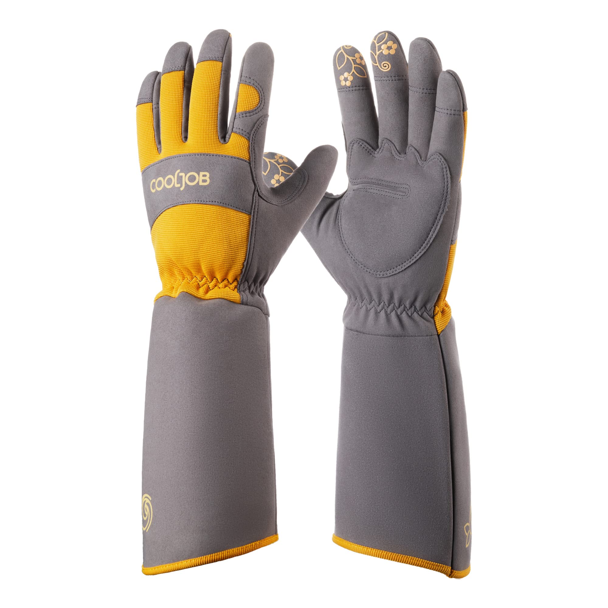 COOLJOB Gardening Gloves for Women and Men, Thorn Resistant Heavy Duty Garden Gloves, Long Sleeve Forearm Protection Ladies, Synthetic Leather Gauntlets for Pruning, Orange & Grey (1 Pair, Size M)