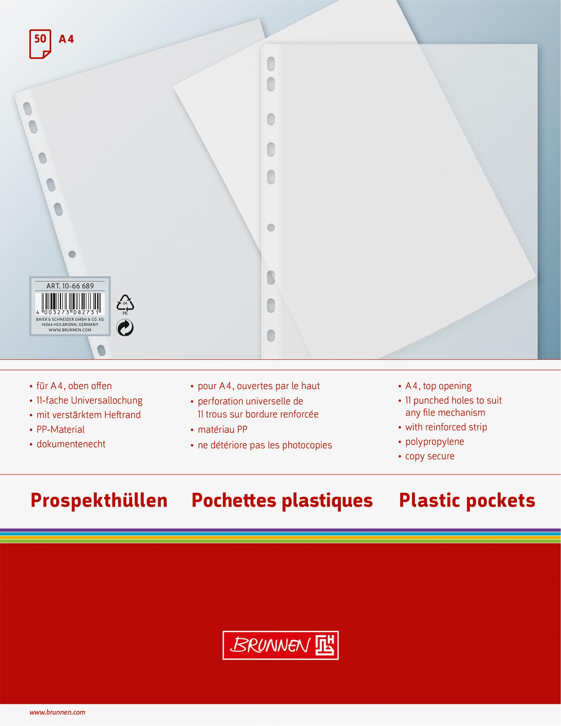 Brunnen Plastic Wallets with Holes Pack of 50 A4 11 Holes Polypropylene Transparent