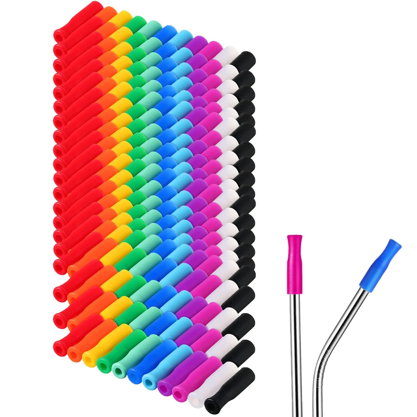 Photo 1 of Zhehao 200 Pcs Silicone Straw Tip Multicolored Straw Tip Cover Reusable Silicone Cover Metal Tip for 6mm Outer Diameter Metal Stainless Steel, 11 Assorted Color