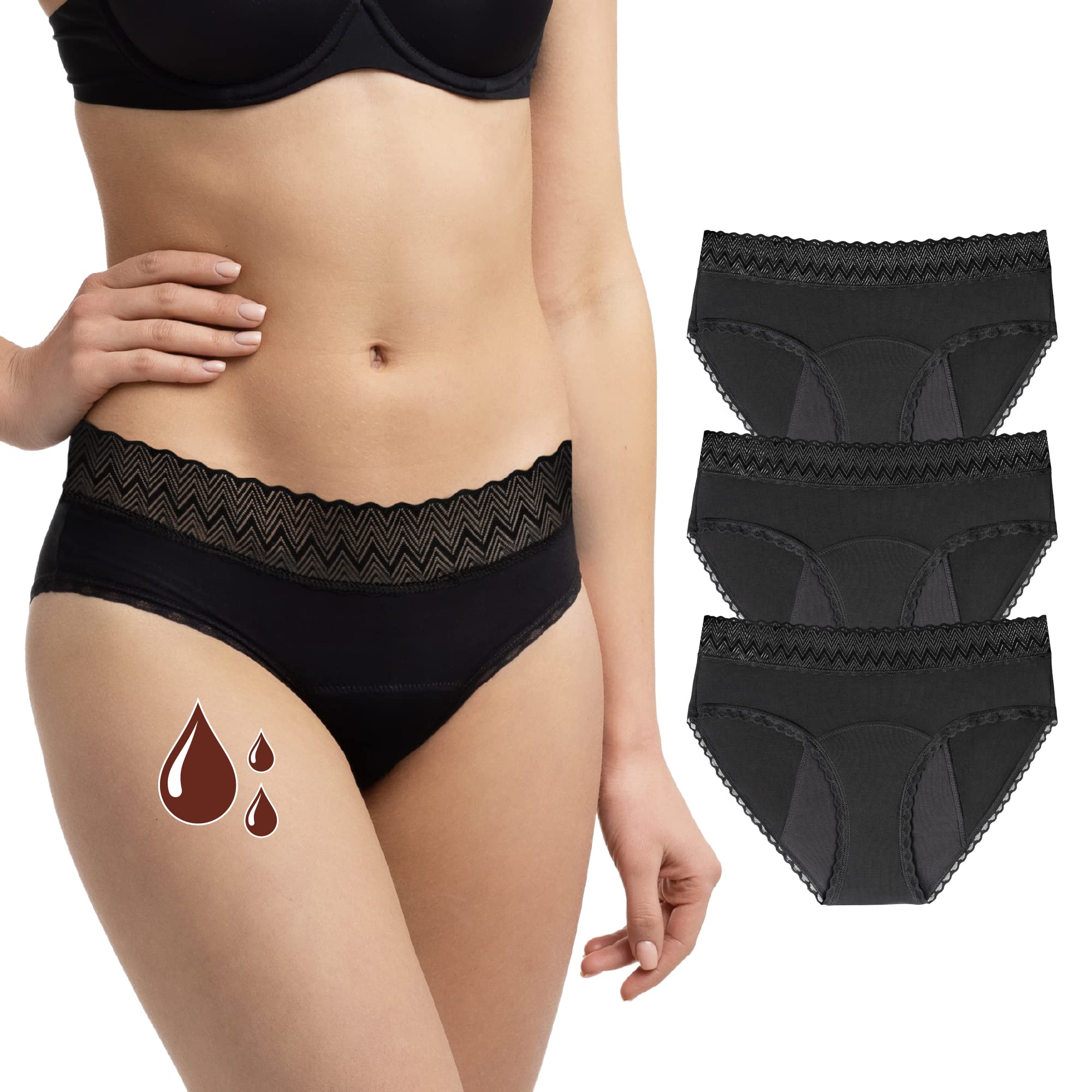 ZENAPHYR Set of 3 Organic Black Period Pants - Absorbent and Reusable Feminine Hygiene Protection - XS