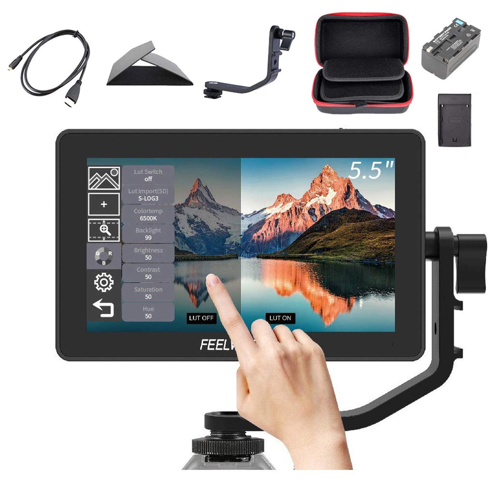 Feelworld F6 Plus +Battery + Charger +Carrying Case 5.5 Inch 3D LUT Touch Screen Field Monitor IPS FHD 1920x1080 Support 4K with Tilt Arm for DSLR Mirrorless Camera