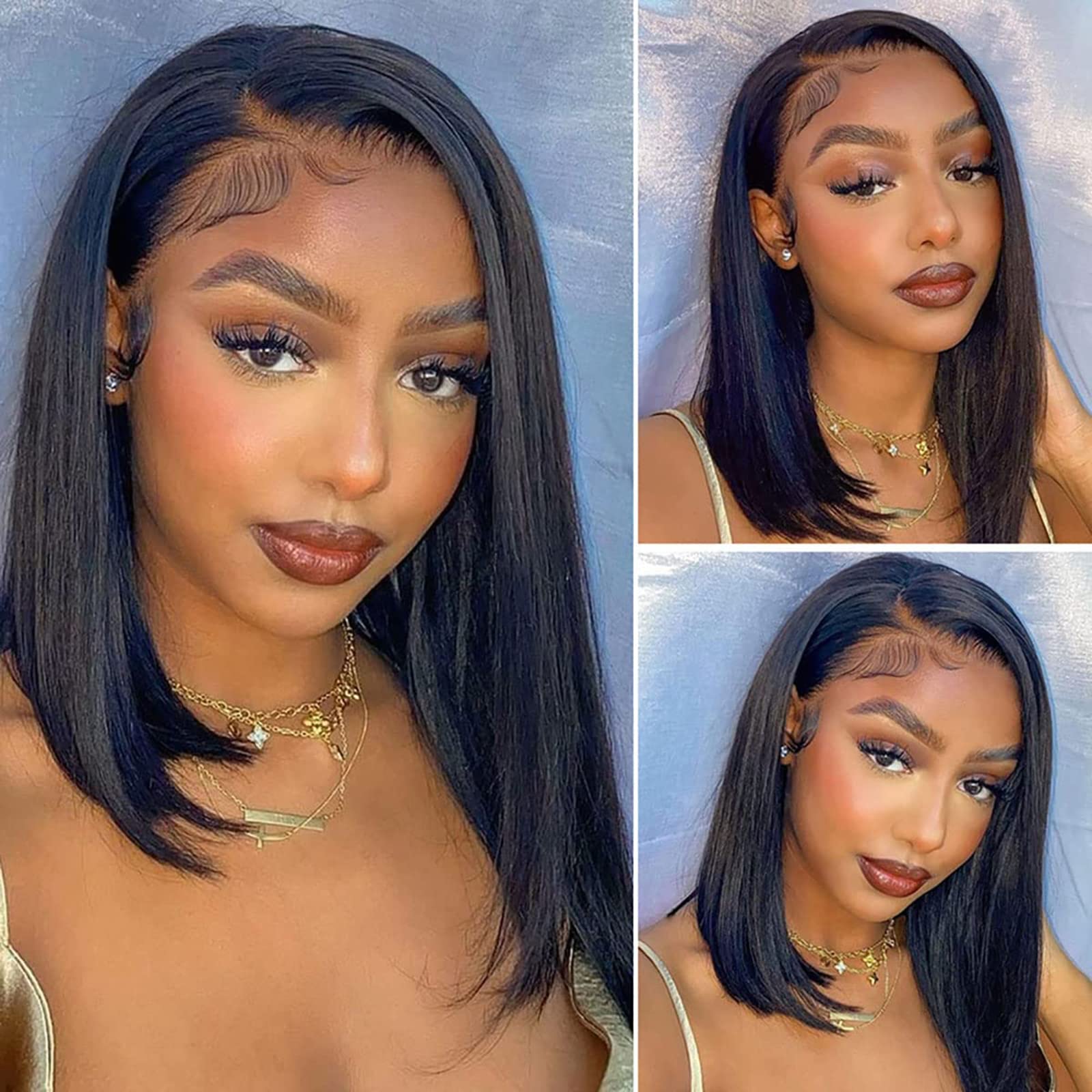 X-Tress Lace Front Human Hair Wig 13x4 Highlight Lace Wig 14 inches Straight Hair Short Bob Natural Black Color 100% Virgin Brazilian Human Hair Glueless with Baby Hairline(14 inch)