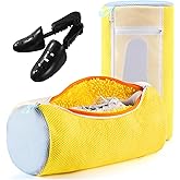 Shoe Bag for Washing Machine - Reusable Sneaker Tennis Shoes Cleaner Bag with Laces & Insoles All-in-One Cleaning Pockets No Tangling, Home Travel Laundry Shoe Bag w/Shoe Trees Keep Shape, Yellow 2pcs