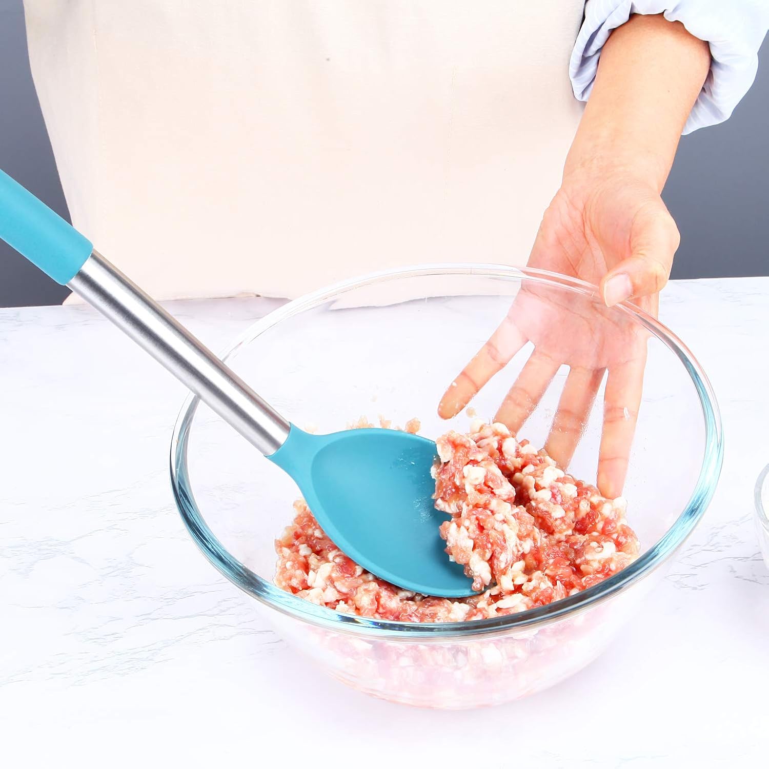 Pack of 2 Large Silicone Cooking Spoon Non Stick Solid Basting Spoons Heat-Resistant Kitchen Utensils for Mixing Serving (Gray-Blue): Kitchen & Dining