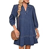 utcoco Denim Dress for Women Casual Loose Fit 3/4 Sleeve Ruffle Jean Badydoll Mini Dress with Pockets