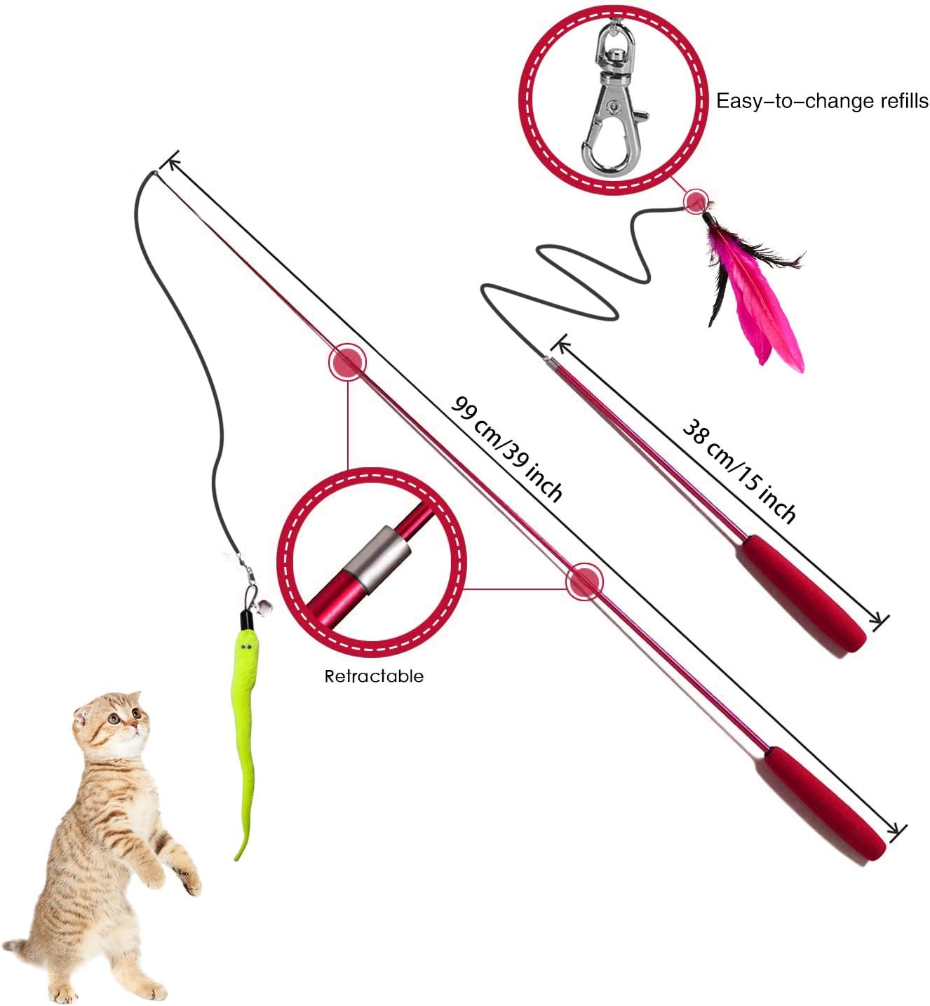 M JJYPET Retractable Cat Toy Wand, 12 Packs Interactive Cat Feather Toys, 9 Assorted Teaser Refills with Bell for Cat Kitten (Blue) : Pet Supplies