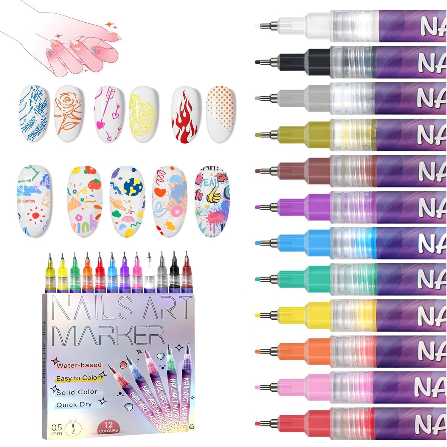 Photo 1 of 12 Colors Nail Art Pens Set, 3D Nail Polish Pens, Quick-Dry 0.5MM DIY Nail Art Markers Graffiti Dotting Pen for Nails Art Design Manicure Nail DIY Decoration (12 Colors)