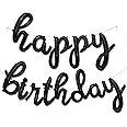 Black Happy Birthday Balloons Banner | Script/Cursive Silver Letter Balloon Sign for Birthday Party Decor/Decoration | Foil Mylar Happy Birthday Banner
