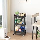 JIUYOTREE 3-Tier Plastic Rolling Storage Cart with Lockable Wheels Black view 4