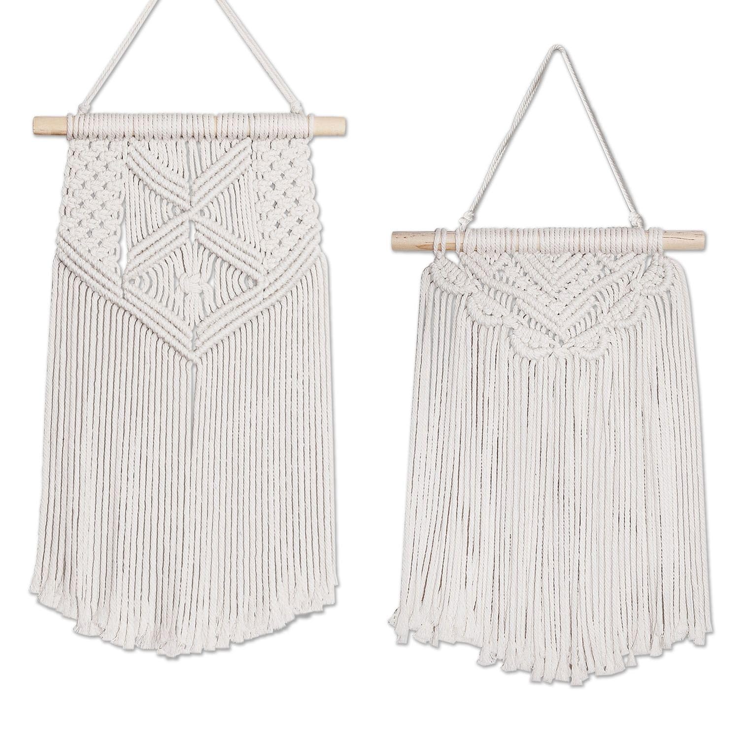 Flexzion Macrame Wall Hanging Bunting Banner Tapestry Art (2 Pack 20 Inch Cream White Cotton) Hand Woven Bohemian Wall Decor for Boho Home Bedroom Living Room Curtain Garland Baby Nursery Rustic