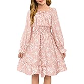 Haloumoning Girls Fall Long Sleeve Floral Dresses Kids Square Neck Smocked Holiday Party Dress 5-14 Years