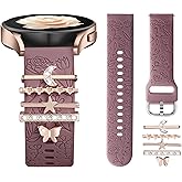 DaQin Flower Engraved Band Compatible with Samsung Galaxy Watch 7 Band/FE 6 5 4 40mm 44mm,Galaxy Active 2, 20mm Watch Band Soft Silicone Replacement Strap with Decorative Charms Accessories Women