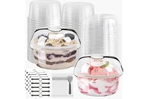 OBXMLFY Disposable Food Containers With Lids And Spoons 50 Pack 12 oz Mini Parfait Dessert Cups Take Out Meal Prep Salad Bowls For Lunch, Plastic Ice Cream Bowls Pet, Acai Bowl, To-Go Party Containers(12oz)