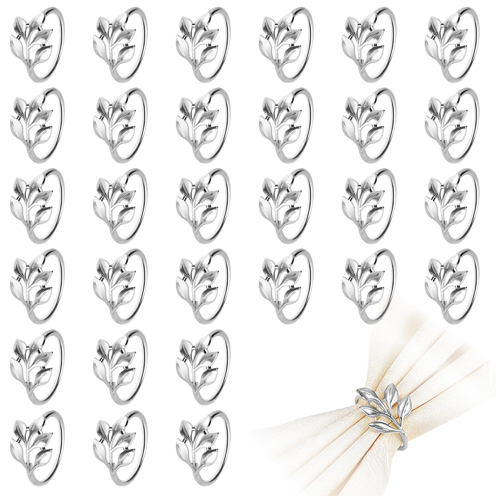 Silver Leaf Napkin Rings Set, 30 Pcs Metal Napkin Ring Holders Buckles for Table Decorations, Napkin Holders for Cloth Napkins Adornment for Wedding Thanksgiving Christmas Dinner Party (s, 1.7inch)