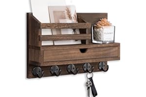 Key Holder Wall Mount, Mail Holder with Storage Drawer and 5 Key Hooks for Coat, Dog Leash, Home Decor Rack, House Accessorie