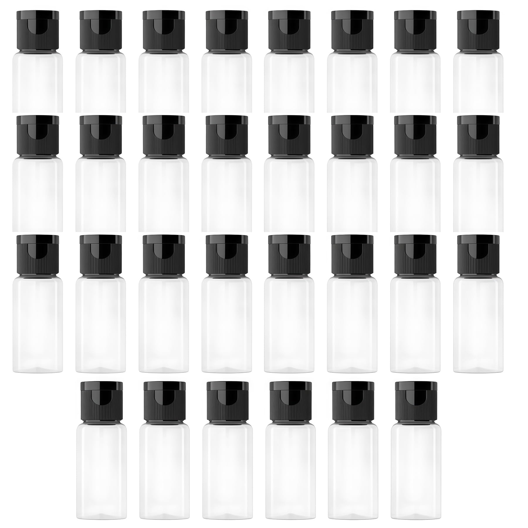 Happyupcity 30PCS 15ml/0.5oz Empty Transparent Plastic Travel Bottles with Black Flip Cap Cosmetic Sample Vial Small Dispenser Container For Emollient Water Liquid Shower Gel