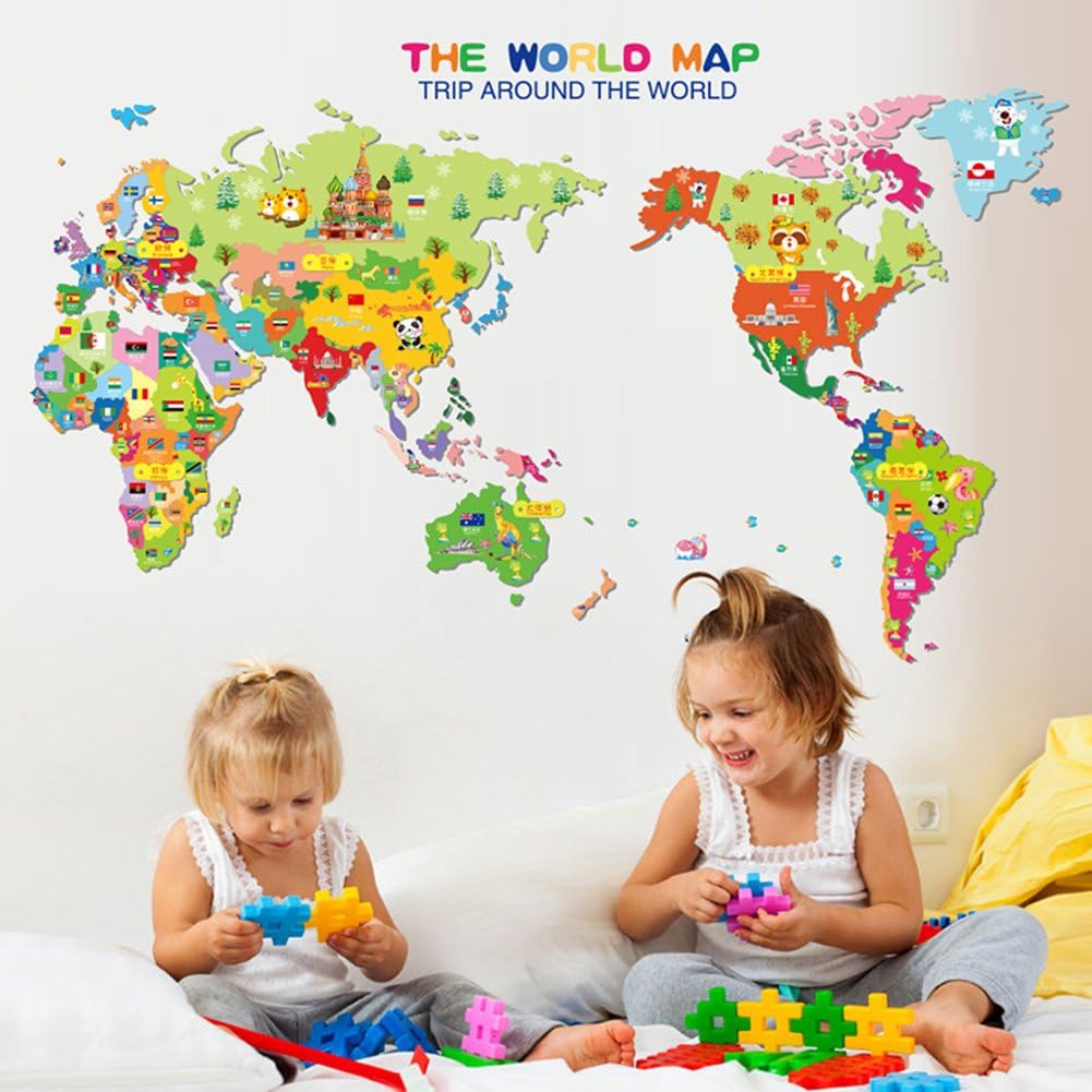 Wowall Children's Bedroom Decor Trip Around The World Cartoon Map of The World Wall Decals