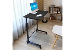 SSLine Rolling Sofa Side Snack Table Portable Laptop Computer Desk Stand with Wheels, Height Adjustable Breakfast TV Tray Bedside Coffee Table, Wood Desktop with Metal Frame (31.5" Lx15.7-18.1" W)