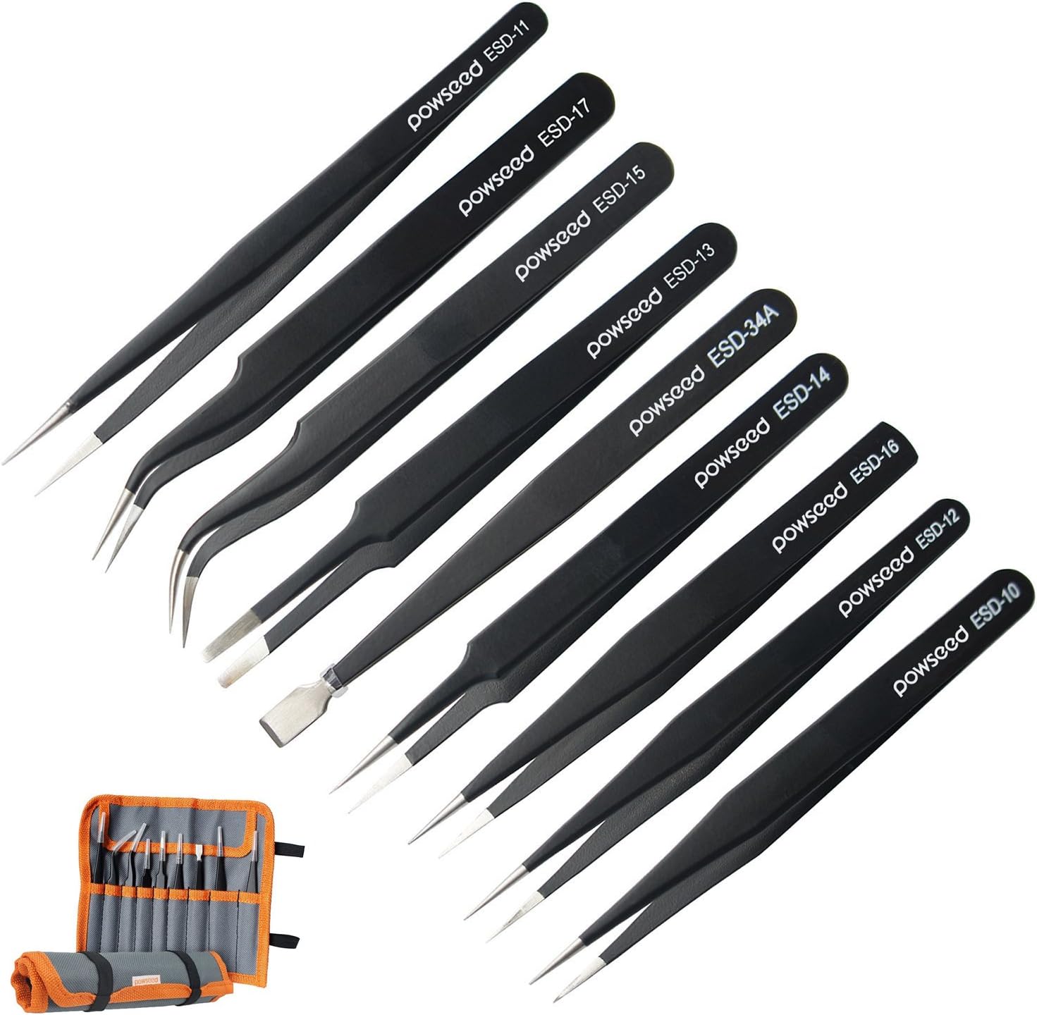 POWSEED 9 pcs ESD Precision Anti-Static Stainless Steel Tweezers Kits Set Tweezer Maintenance Tools Sets for Laboratory Work Electronics Jewelry-Making Hobbies, in Rolling Package