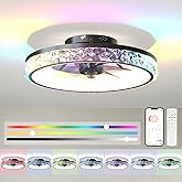 20" Smart RGB Ceiling Fan with Light and Remote/App Control. This bladeless fan has a sleek black design. It features a dimma
