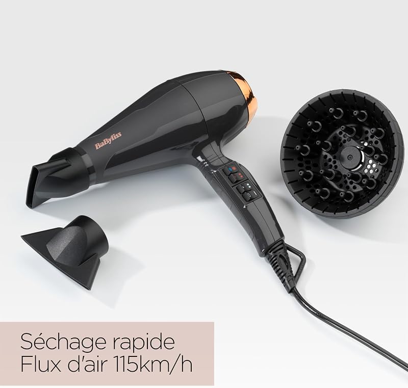 Sèche-cheveux Air Pro avec Diffuseur - Fabriqué en Italie, Moteur Professionnel AC, Sèche-cheveux puissant 2200W, Technologie ionique Anti-Frisottis, 2 températures & 2 vitesses, Noir, 6719DE