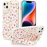 Jefonha Case for iPhone 14 Plus Silicone Phone Case with Strap for Women Girls Cute Floral Flowers Pattern, Adjustable Soft Finger Strap Kickstand Protective Cover, Floral