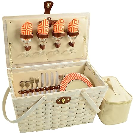 Picnic at Ascot Settler Traditional American Style Picnic Basket, Whitewash/Diamond Orange