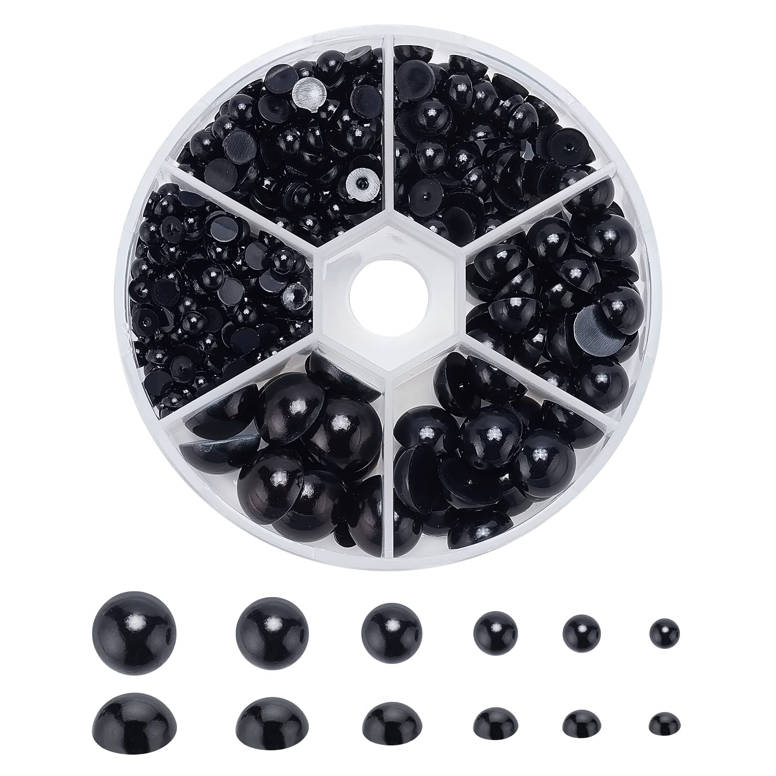 PandaHall Elite - 1 box containing approx. 690 imitation pearls in acrylic ABS. Domes, cabochons, semi-round, white, 4 - 12 x 2 - 6mm, plastic, black, 4~12x2~6mm