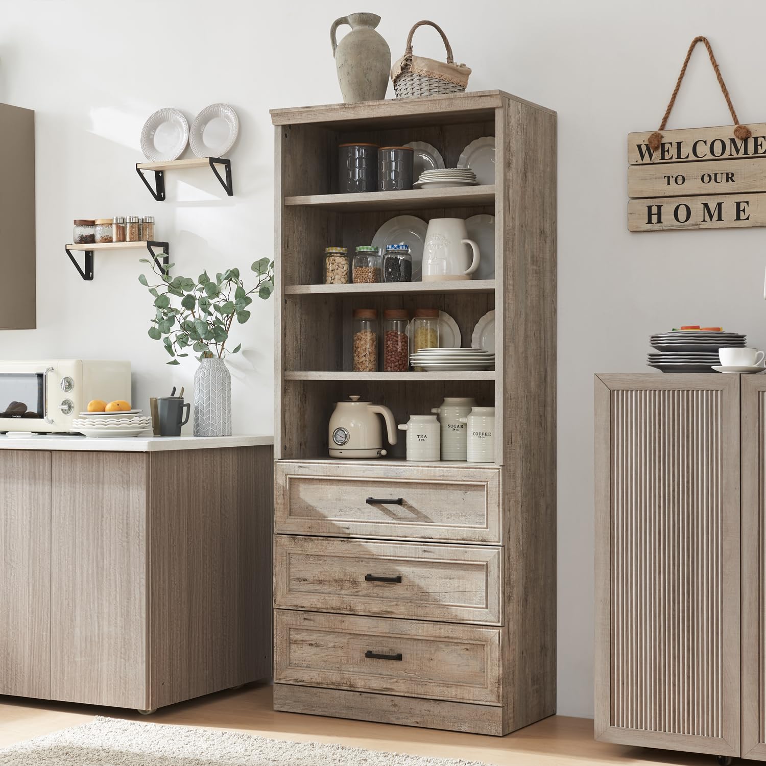 Photo 1 of vimitty 72" Tall Storage Cabinet, Farmhouse Kitchen Pantry with 3 Large Drawers & Adjustable Shelves, Versatile Cupboard for Kitchen, Dining Room, Bathroom, Light Rustic Oak
