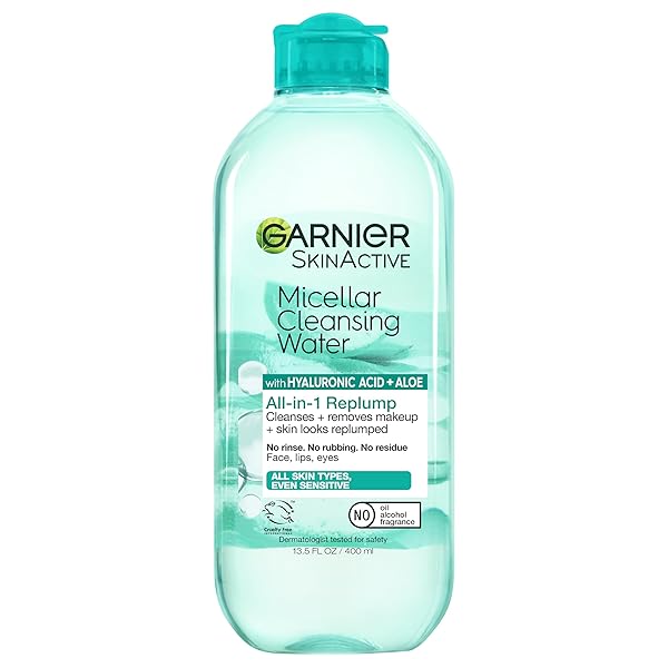 GARNIER MICELLAR WATER WITH HYALURONIC ACID, FACIAL CLEANSER & MAKEUP REMOVER, HYDRATING AND PLUMPING, FOR ALL SKIN TYPES, VEGAN, CRUELTY FREE, 13.5 FL OZ (400ML), 1 COUNT
