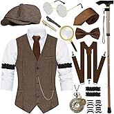 VillbeCoser 1920s Mens Costume, Roaring 20s Costumes Accessories Set Vest Foldable Crutches Fedora Hat Pocket Watch Tie