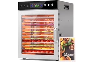 HOPERAN Food Dehydrator Machine with 12 Stainless Steel Trays – Digital Timer & Adjustable Temp Control for Jerky, Herbs, Fruits | Overheat Protection, BPA-Free, Includes Recipe Book