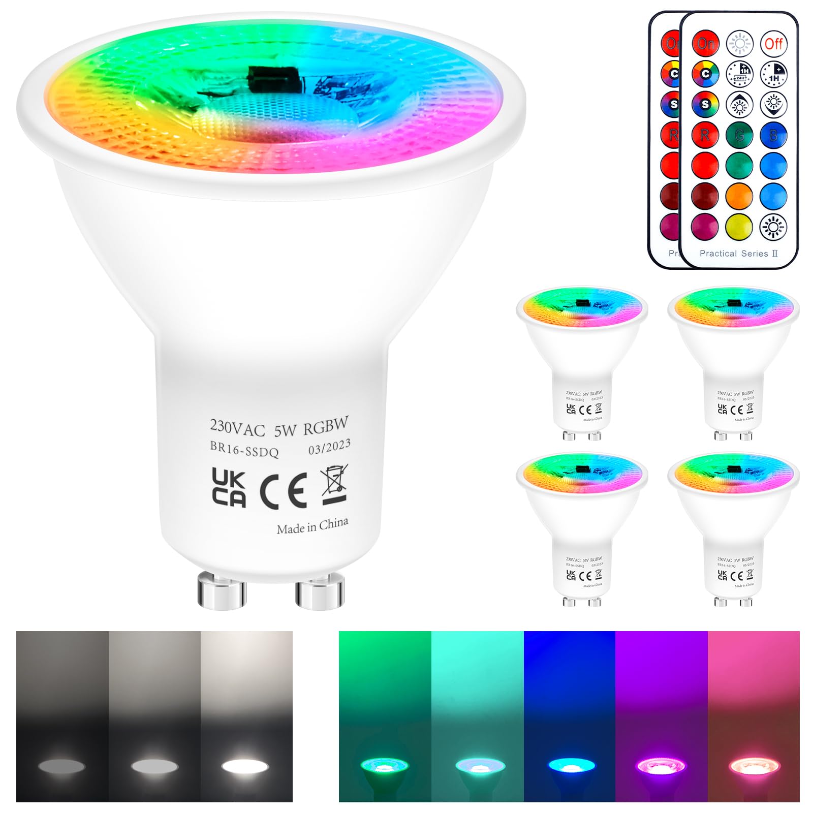 REYLAX GU10 Colour Changing LED Bulbs Dimmable 50 Watt Equivalent with Remote 5W GU10 Spotlight Cool White 12 Colours RGB Spot Lights 5 Modes Timer for Atmosphere and Daily Lighting Pack of 4