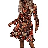 WDIRARA Women's Floral Print Notched V Neck Flounce Long Sleeve Dress Belted Ruffle Hem A Line Dresses
