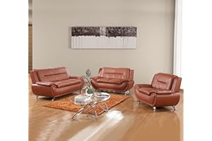 Plithzy Faux Leather Sofa Set for Living Room, 3 Piece Living Room Furnituer, Modern Couch Set with 3-Seater Couch, Loveseat and Armchair (Orange, Chair+Sofa+Loveseat)