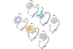Honsny Fidget Rings for Women, Spinner Fidget Ring Set, Sunflower Butterfly Bee Star Moon Relief Spinning Rings for Adults
