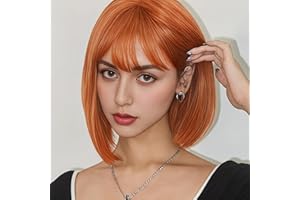 Rose bud Orange Bob Wig with Fringe 12 Inch Short Straight Costume Wigs for Women Cosplay Party Halloween