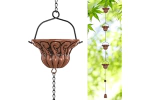 KHAYROVIES 8.6ft Rain Chain for Outside, 10 Bell Cups Copper Rain Chains for Gutters, Rain Catcher Chain, Garden Decorative Rainwater Gutter Chains Rain Diverter for Roof Replace Downspout (Vintage Copper)