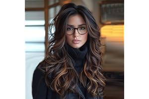 Aisaide Long Wavy Highlight Brown Layered Wig with Curtain Bangs for Black Women Synthetic Ombre Brown Layered Wig Long Wavy Highlight Blonde Shaggy for Women 24 inch