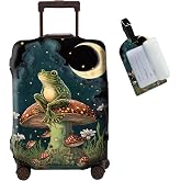 JANENFNA Luggage Cover + Luggage Tag, Frog Sitting Mushroom Washable Elastic Travel Suitcase Protector With Concealed Zipper for Men Women Teens Boys Girls M (22-25 Inch Suitcase)