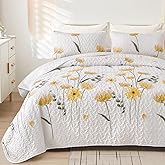 Dinjoy Quilt Set Queen Cute Floral Bedspread Coverlet Yellow Flower Quilts Microfiber Lightweight Summer Bedding Sets Reversible Soft Quilted Bed Cover for All Season(96"x90")