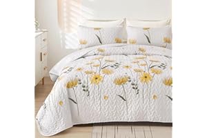 Dinjoy Quilt Set Queen Cute Floral Bedspread Coverlet Yellow Flower Quilts Microfiber Lightweight Summer Bedding Sets Reversible Soft Quilted Bed Cover for All Season(96"x90")