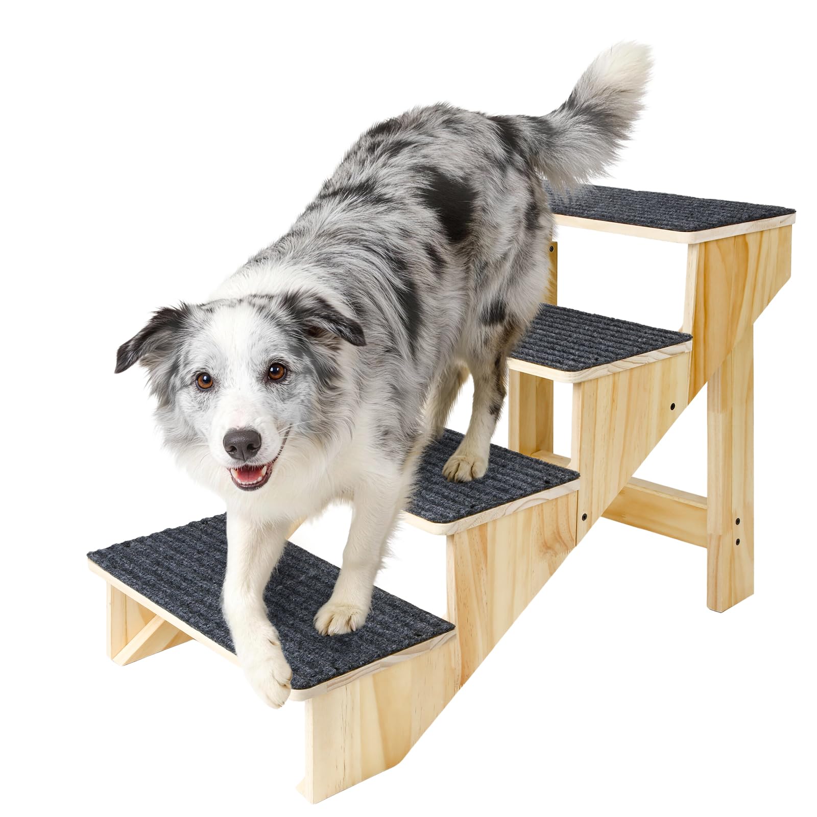 Photo 1 of 4-Step Dog Stairs for Large Dogs, Solid Wooden Dog Steps for Beds/Couch with Carpet, 24 Inches Anti-Slip Pet Stairs for High Beds, Ramp for Older/Senior Dogs, Pet Bed Stairs to Get on Bed/Sofa